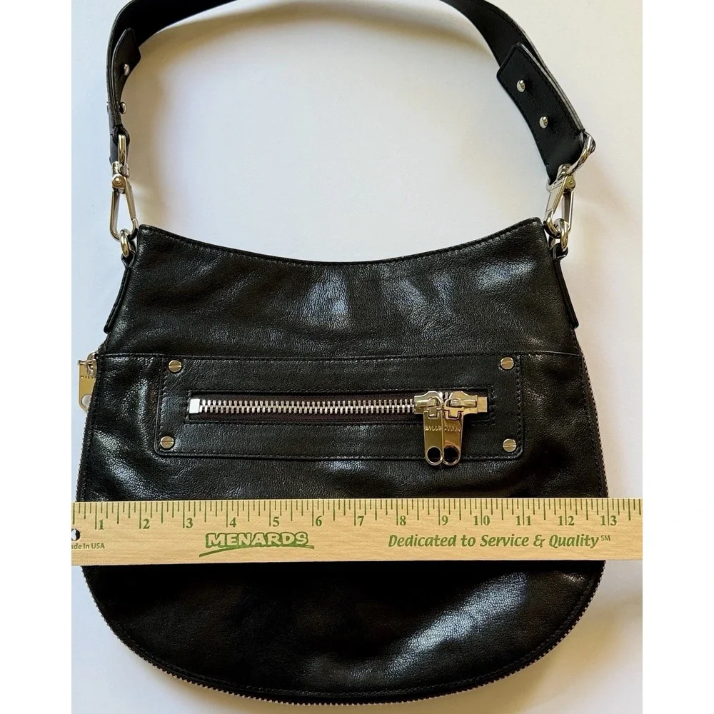MILLY Black Leather Hobo Bag Expandable Bottom Silver Zip Shoulder Bag NWOT